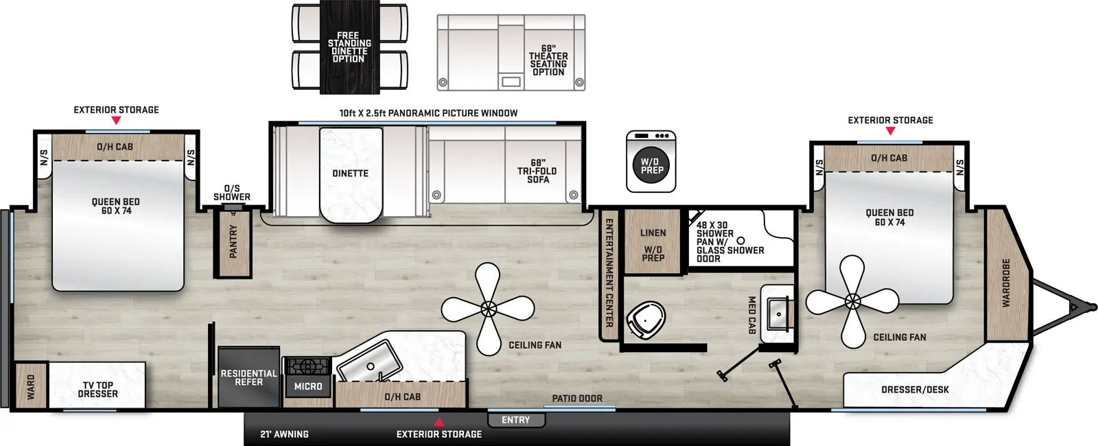 The Catalina Destination Series 40BHTS2Q floorplan has one entry and three slide outs. Exterior features include: metal exterior and 21' awning. Interiors features include: free-standing dinette option, front bedroom, rear bedroom and two bedrooms.